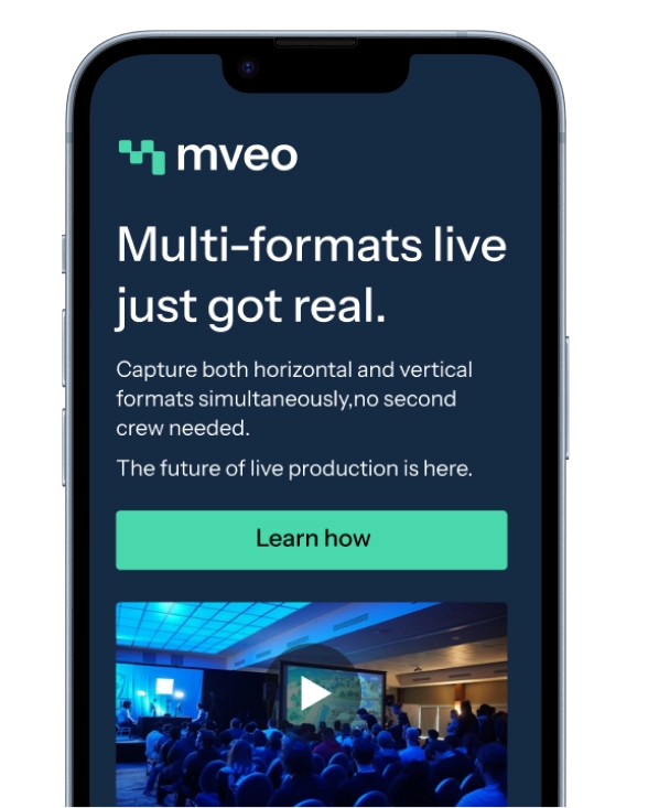 Mveo AI newsletter mockup showing multi-format live production feature with conference audience image